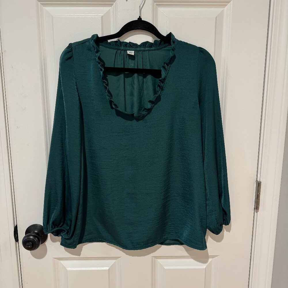 Emerald Green Satin Ruffle Blouse‎ - Size Small